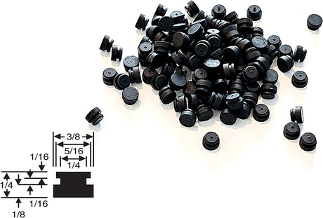 Lot of 25 Push-In Rubber Bumper Feet Tight Grip Stem Stoppers / Rubber Hole Plugs - 3/8" Flat Bottom Base Diameter - 1/8" Bottom Base Height - 1/16" Panel Thickness Groove - Fits 1/4" Holes