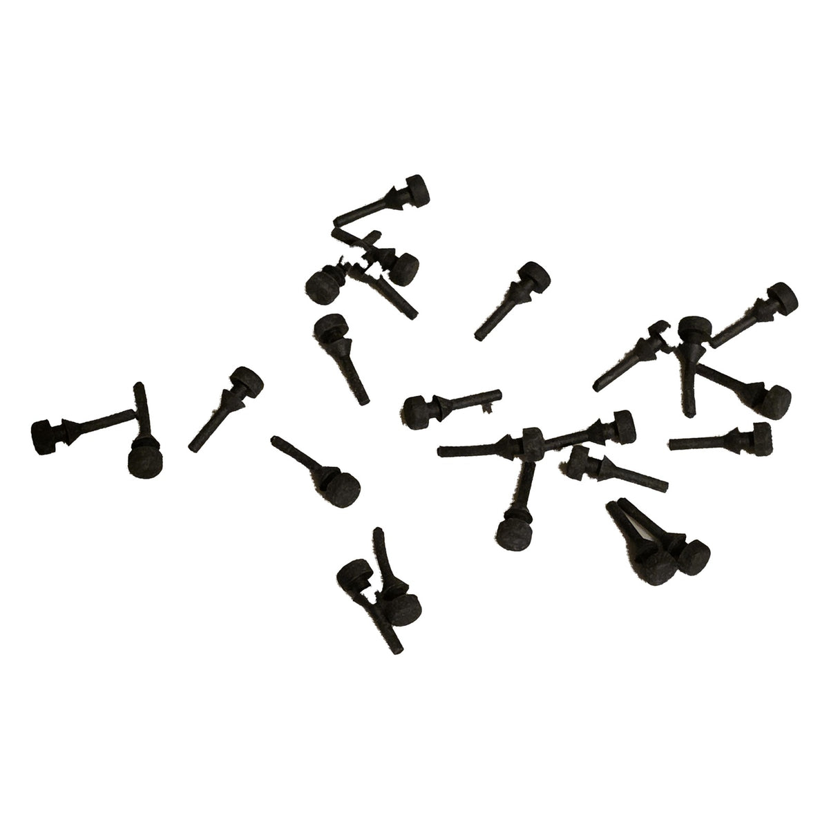 Group of black pull-through rubber bumpers with flat round heads and long pull stems