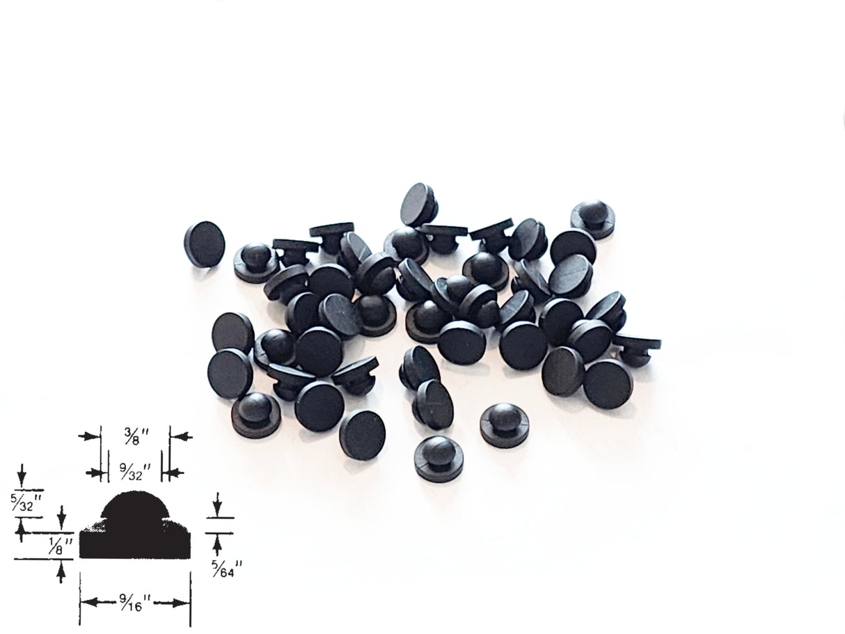 Individual Push-in Rubber Bumper Feet Tight Grip Stem Stoppers/ Rubber Hole Plugs - 9/16" Flat Bottom Base Diameter - 1/8" Bottom Base Height - 5/64" Panel Thickness Groove - Fits 9/32" Holes