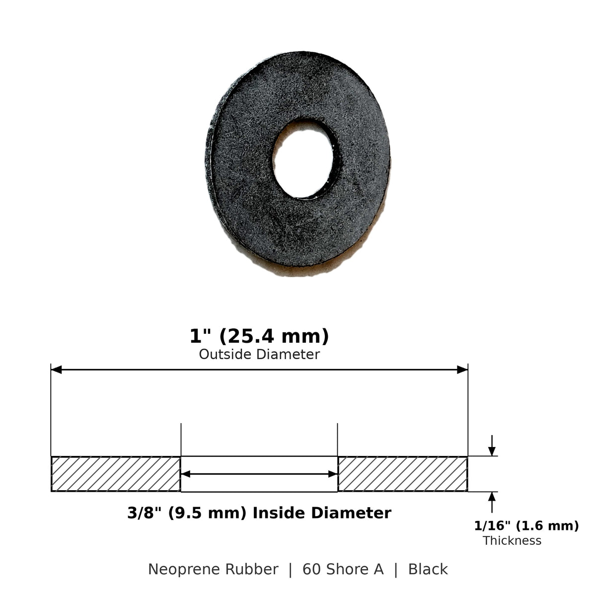 Neoprene Flat Rubber Washer Spacer - 1" Od x 3/8" Id x 1/16" Thickness - dimensions: 1" OD, 3/8" ID, 1/16" thick