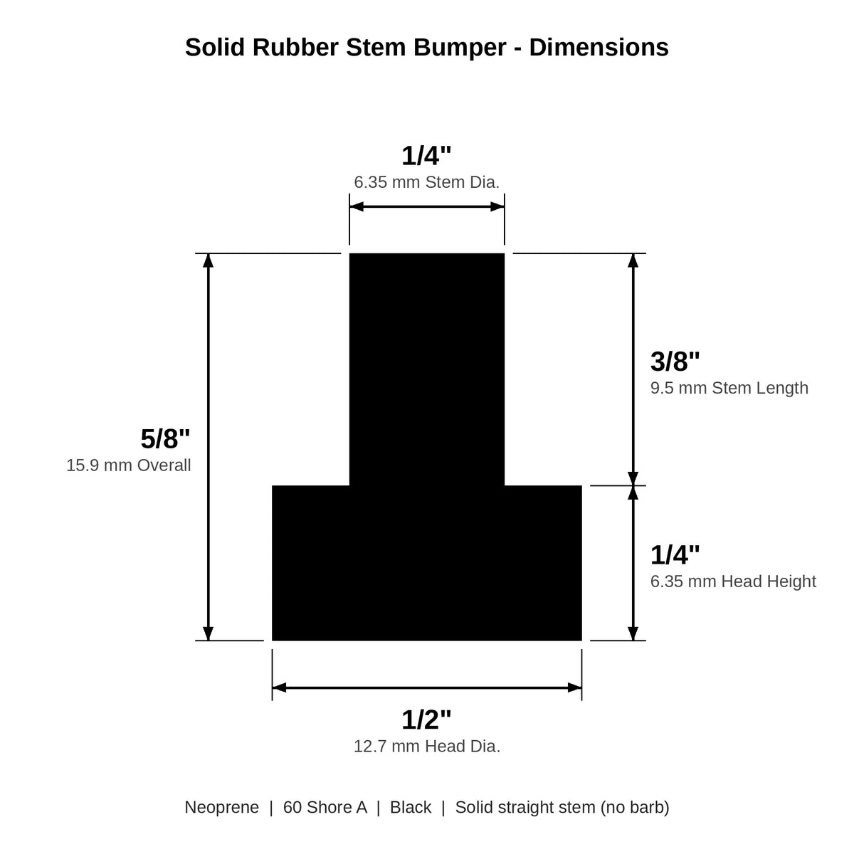 Dimensions: 1/2" head dia, 1/4" head height, 1/4" stem dia, 3/8" stem length, 5/8" overall