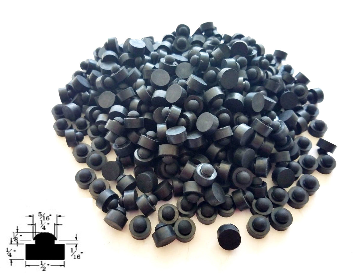 Lot of 25 Push-In Rubber Bumper Feet Tight Grip Stem Stoppers / Rubber Hole Plugs - 1/2" Flat Bottom Base Diameter - 1/4" Bottom Base Height - 1/16" Panel Thickness Groove - Fits 1/4" Holes
