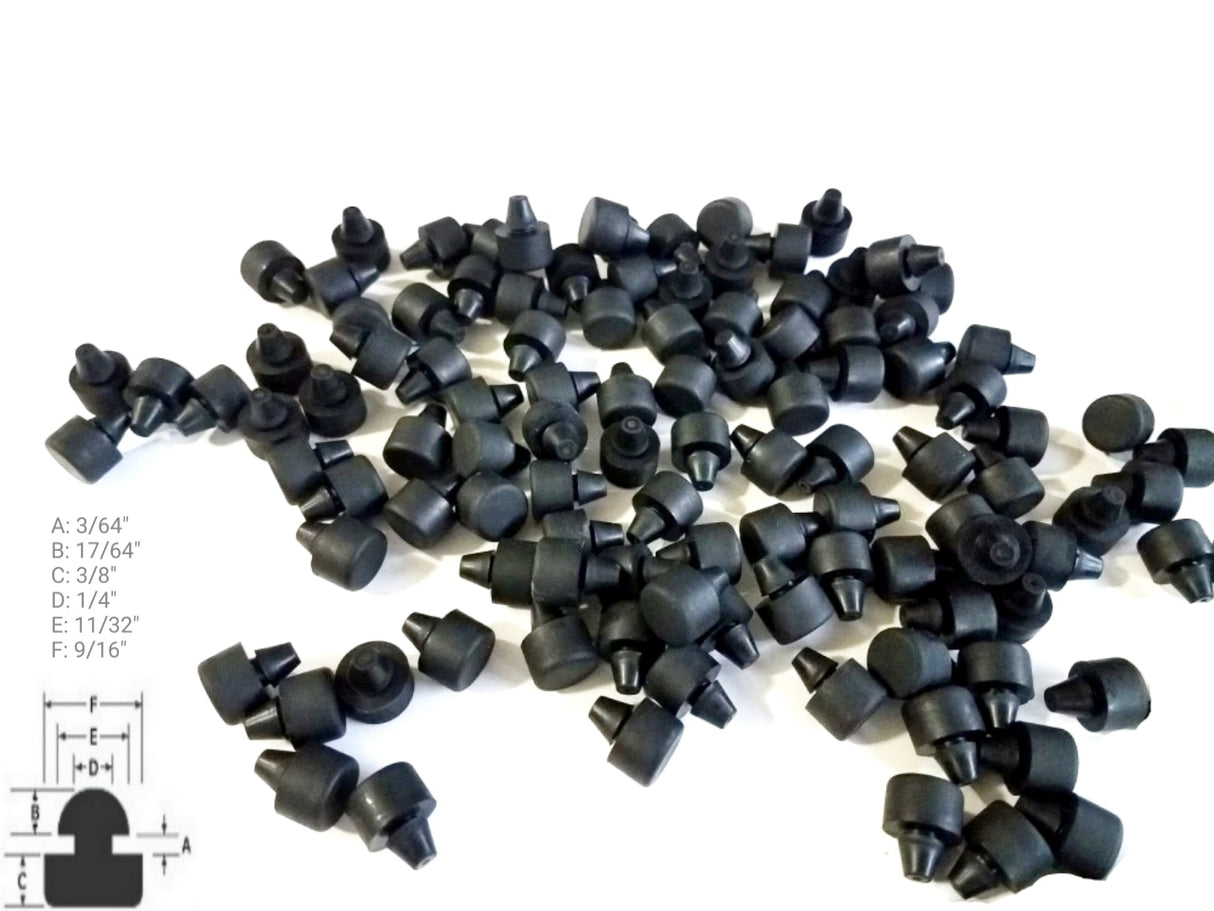 Individual Push-in Rubber Bumper Feet Tight Grip Stem Stoppers/Hole Plugs. Bottom Base Diameter 9/16" - Bottom Base Height 3/8" - Panel Thickness Groove 3/64" - Fits 1/4" Holes