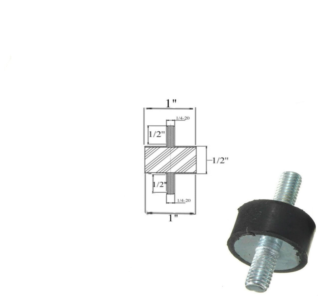 Rubber Vibration Isolator Mount (1" Dia x 1/2'' Thk) 1/4-20 x 1/2" Long Studs