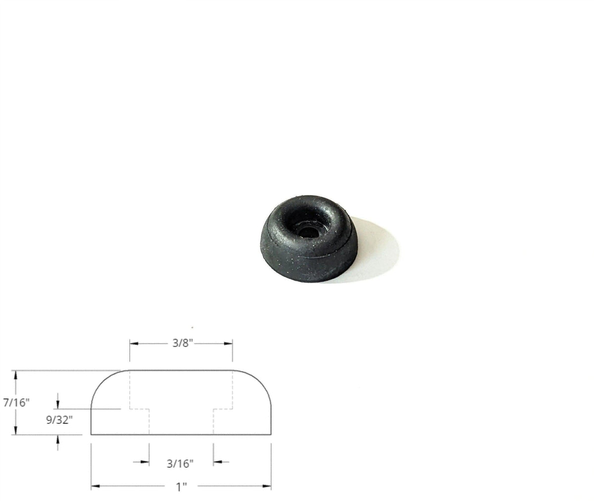 1 inch x 7/16 inch rubber bumper stopper for a sliding shower door, with dimension drawing