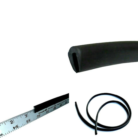 Close-up of black EPDM rubber edge trim U-channel seal. Can be installed on sheet metal, wood, automobiles, boats etc. Showing flexible edge guard protection for automotive and RV applications.