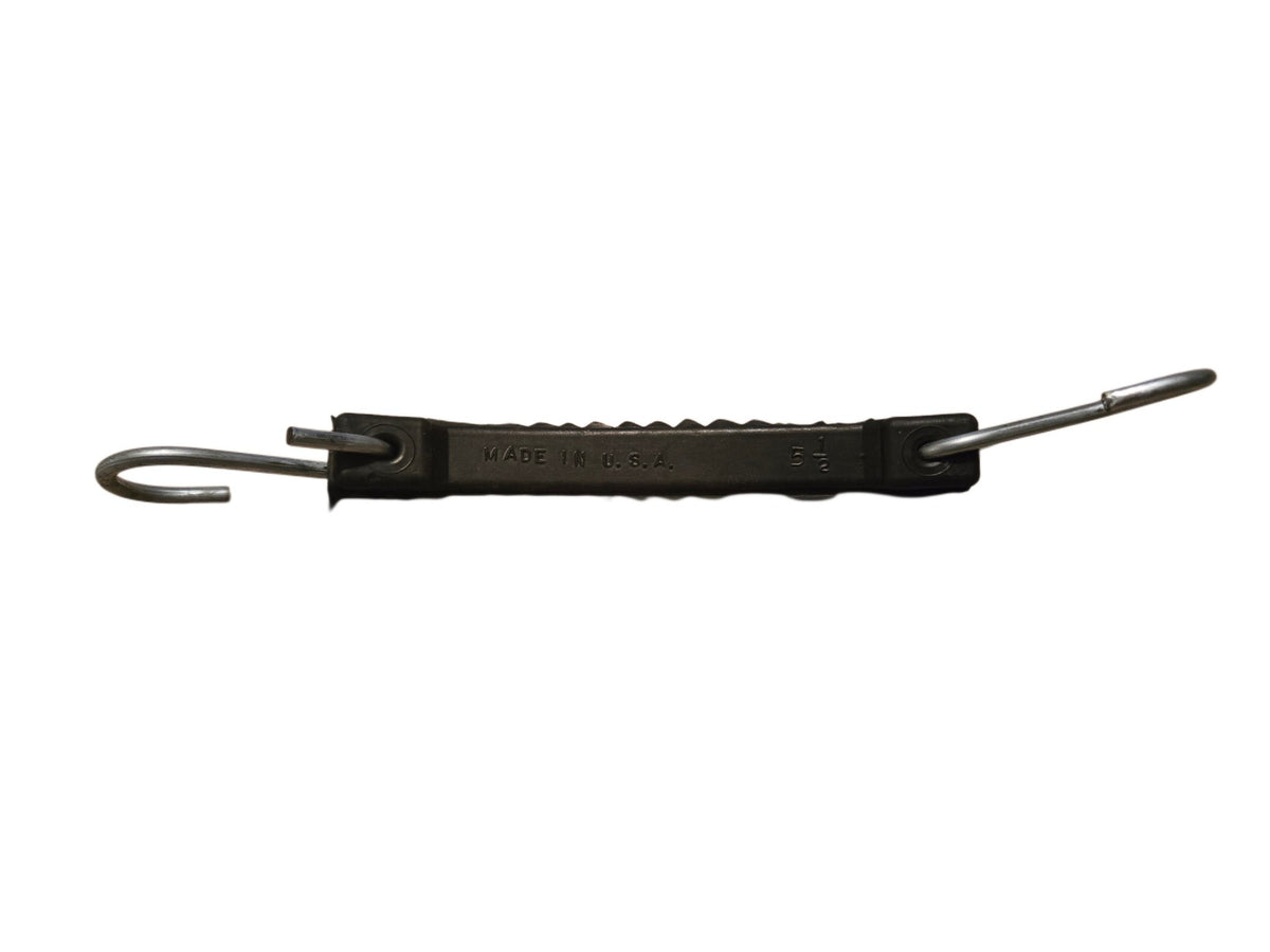Black EPDM rubber tarp tie-down strap with metal S-hooks on each end