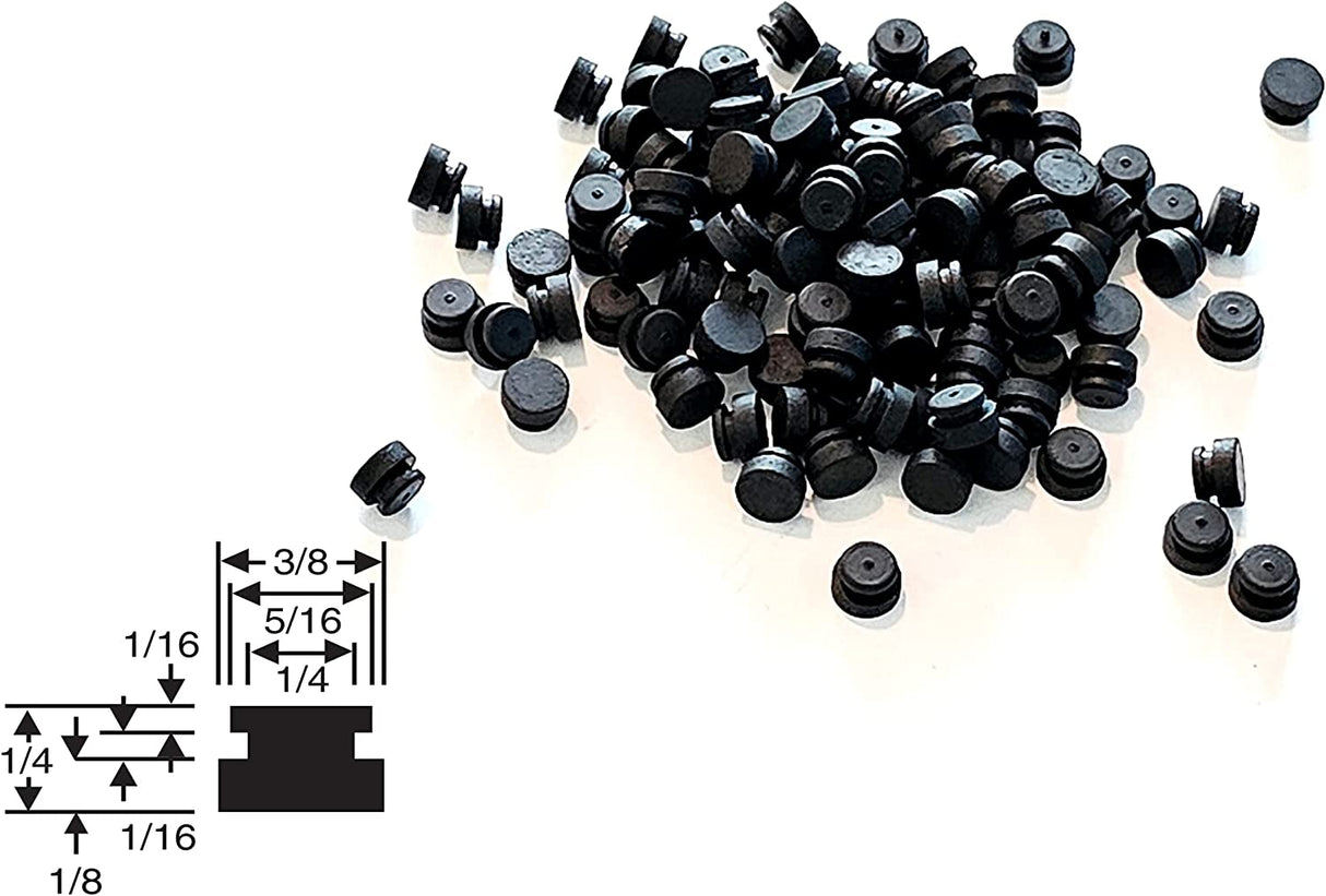 Lot of 25 Push-In Rubber Bumper Feet Tight Grip Stem Stoppers / Rubber Hole Plugs - 3/8" Flat Bottom Base Diameter - 1/8" Bottom Base Height - 1/16" Panel Thickness Groove - Fits 1/4" Holes