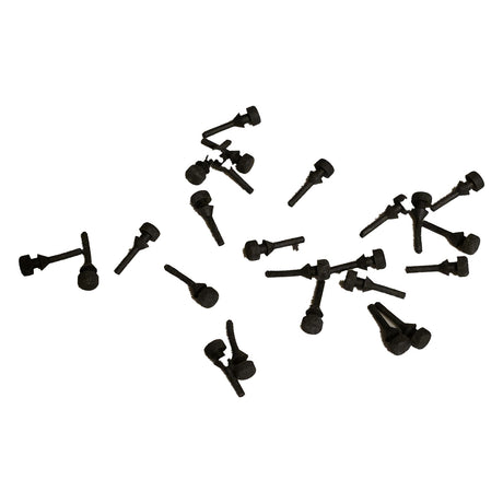 Group of black pull-through rubber bumpers with flat round heads and long pull stems