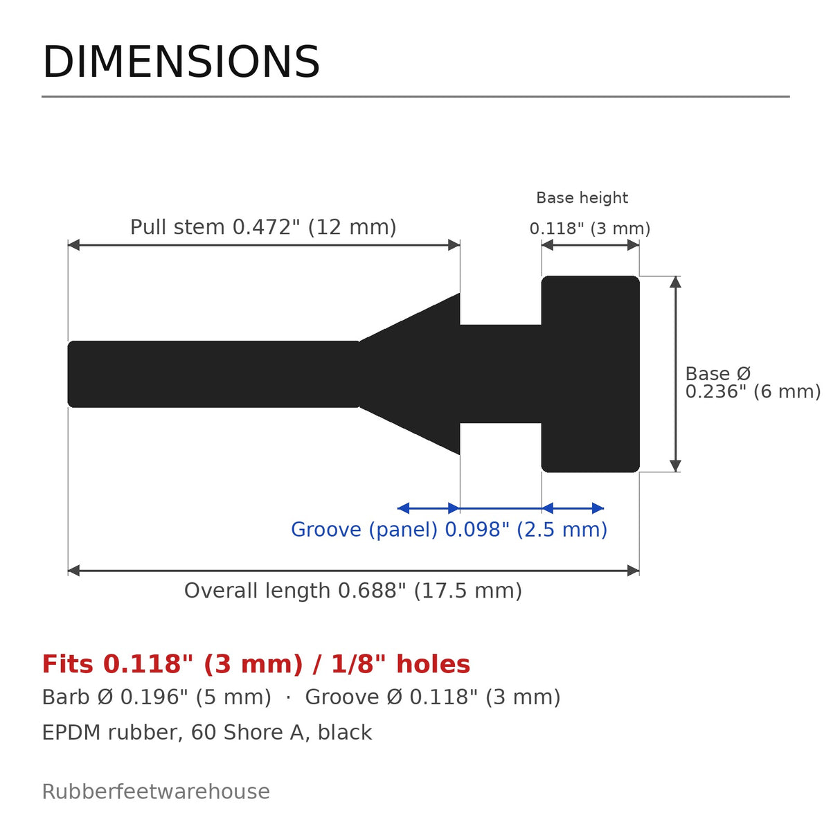 Pull-through rubber bumper dimensions: 0.236 in head, 0.118 in head height, fits 1/8 in hole, 0.098 in panel, 0.688 in overall
