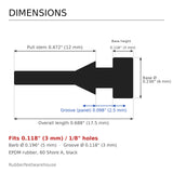 Pull-through rubber bumper dimensions: 0.236 in head, 0.118 in head height, fits 1/8 in hole, 0.098 in panel, 0.688 in overall