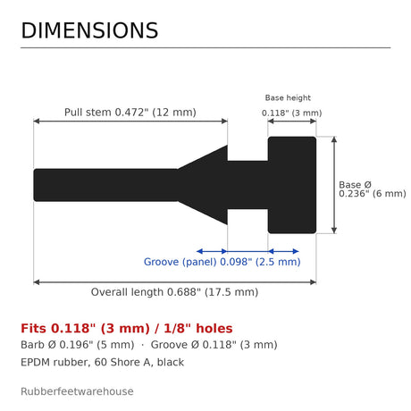 Pull-through rubber bumper dimensions: 0.236 in head, 0.118 in head height, fits 1/8 in hole, 0.098 in panel, 0.688 in overall
