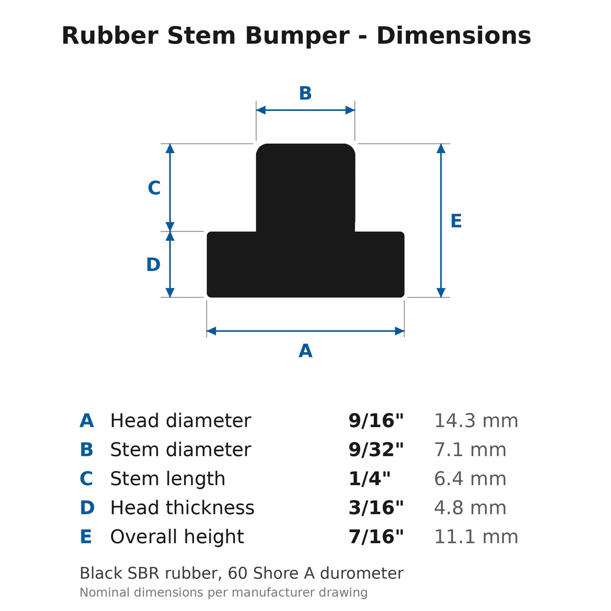 Rubber stem bumper dimensions: 9/16" head diameter, 3/16" head thickness, 9/32" stem diameter, 1/4" stem length, 7/16" overall height