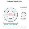 AS568-008 nitrile o-ring dimension diagram: 0.176" (4.47 mm) ID x 0.316" (8.03 mm) OD x 0.070" (1.78 mm) cross section, 70 duro Buna-N, black