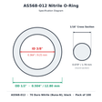 AS568-012 nitrile o-ring dimension diagram: 0.364" (9.25 mm) ID x 0.504" (12.80 mm) OD x 0.070" (1.78 mm) cross section, 70 duro Buna-N, black