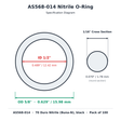 AS568-014 nitrile o-ring dimension diagram: 0.489" (12.42 mm) ID x 0.629" (15.98 mm) OD x 0.070" (1.78 mm) cross section, 70 duro Buna-N, black