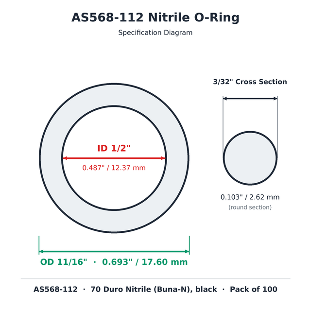 AS568-112 nitrile o-ring dimension diagram: 0.487" (12.37 mm) ID x 0.693" (17.60 mm) OD x 0.103" (2.62 mm) cross section, 70 duro Buna-N, black