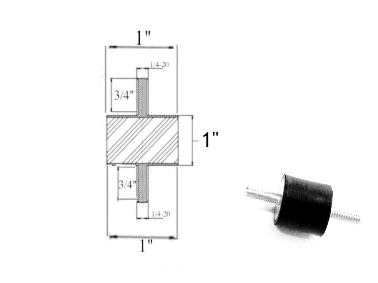 Rubber Vibration Isolator Mount (1" Dia x 1" Thk) 1/4-20 x 3/4" Long Stud